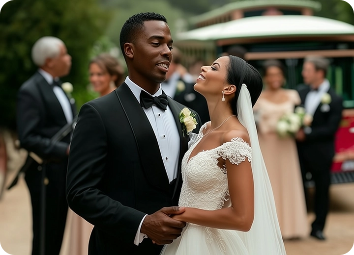 Central Massachusetts Wedding Couple in front of DATTCO Trolley